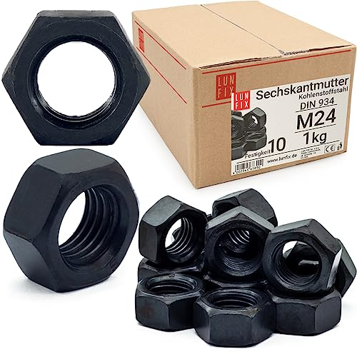 Hochfeste Sechskantmutter M24 | DIN 934 | 1kg (ca.10 Stk.) Festigkeit 10 | Regelgewinde Muttern für Schrauben, Metrisches Mutter für Gewindebolzen, Sechskantmuttern für Gewindestangen