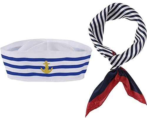 Matrosenhut- und Schal-Set für Frauen und Männer Marineblau-weißer Matrosenhut Matrosenschal Karnevalskostüm