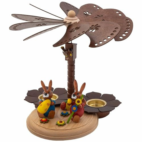 Seiffener Volkskunst Jan Legler | Osterdeko Pyramide Osterpyramide erzgebirgische Holzkunst | 25 cm | Hasen mit Ei & Wanderstab