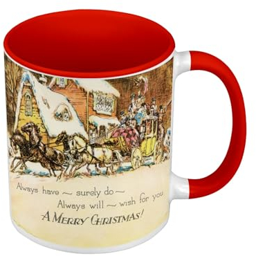 Tasse, Farbe Premium Qualität, Rot – Merry Christmas Pere Noel Schlitten Malerei Vintage Retro – Tasse mit Henkel und farbigem Innenfutter