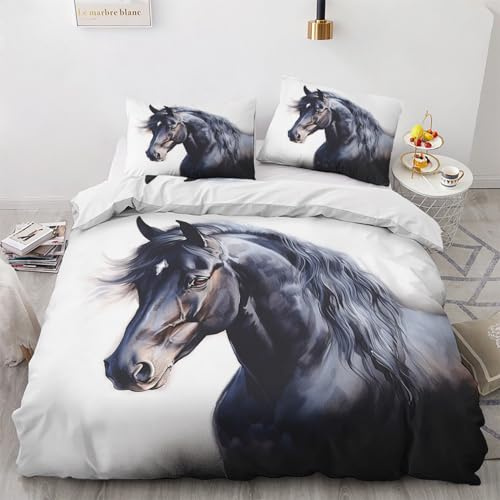 GEDAEUBA Bettwäsche 140x200 Schwarzes Pferd - Pferdemotiv Bettbezug 140x200 2er Set, Wendebettwäsche und Kissenbezug 70x90, Weiche & Angenehme Mikrofaser Bettwäsche-Sets mit Reißverschluss