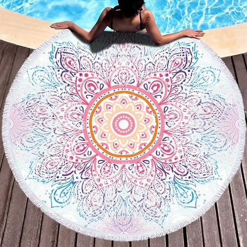LXTOPN Strandtuch Rund, Strandtuch Mandala, Mikrofaser Strandtuch XXL, Badetuch groß Stranddecke Yogamatte Handtücher mit Quasten(Y9)