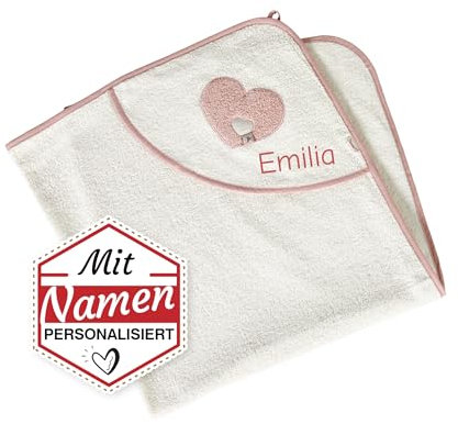 LALALO Kapuzenhandtuch Emmi Girl mit Namen Bestickt für Mädchen, Frottee Baby Badetuch Badehandtuch/Rosa Kinder-Badetuch mit Kapuze personalisiert (100x100, Weiß/Rosa)