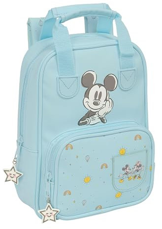 Safta MICKEY MOUSE BABY - Mochila Infantil, Adaptable con Asas, Tejido Reciclable, Ideal para Niños de Diferentes Edades, Cómoda y Versátil, Calidad y Resistencia, 20x8x28 cm, Color Azul claro