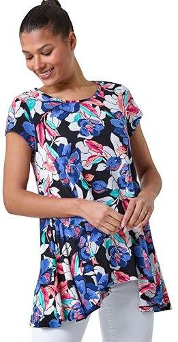 Roman Originals Textured Fan Print Stretch Hanky Hem Top for Women UK - Ladies Everyday Holiday Spring Summer Round Neckline Comfy Soft Evening Vacation Work Party - Blue & Multicoloured - Size 10