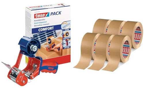 tesa 6400 Packband Handabroller COMFORT & tesapack 4713 Paketband im 6er Pack - Metall, Papier, Naturkautschukklebmasse - Manuell - Klebebandabroller - Tape-Label-Dispenser - 52171413031