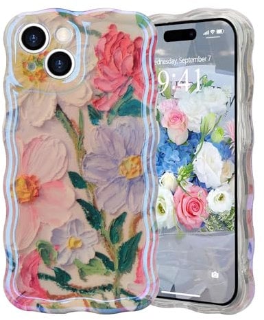 LAPOPNUT for iPhone 14 Case,Colorful Flower Cute Curly Wave Frame Phone Case for Women and Girls,Floral Oil Painting Glossy Pattern Soft TPU Shockproof Cover for iPhone 14 6.1,Flower