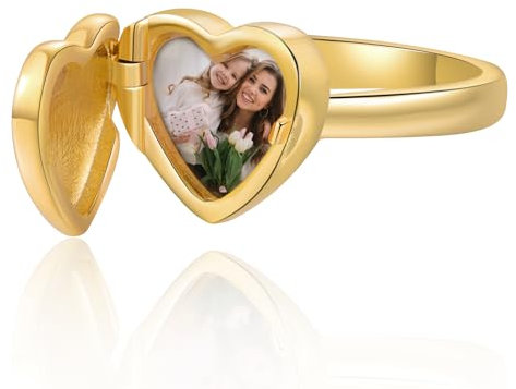 Amsgedhie Personalisierter Damenring, Liebes-Foto-Box-Ring mit personalisiertem Foto und Text, Goldring für Verliebte, Familie und Freunde (58 (18.5))