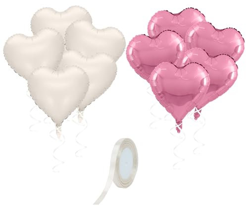 10 palloncini a forma di cuore, 1 rotolo di nastro bianco, palloncini color crema, palloncini rosa, palloncini in alluminio (18 pollici)