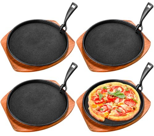 Mimorou Fajita-Teller-Set aus Gusseisen, 24 cm, Steakplatte, brutzelnde Pfanne mit Holzboden und Greifer, für Zuhause, Restaurant, Küche, Catering, Kochen zum Grillen von Fleisch, Meeresfrüchten, 4