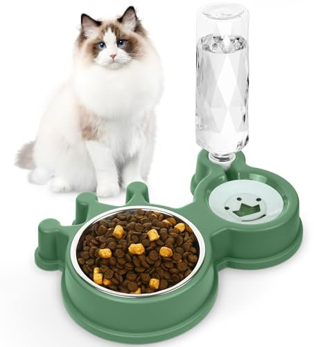 Cat Bowls, Dog Food and Water Bowl Set with Water Dispenser for Cats and Small Dogs - Green