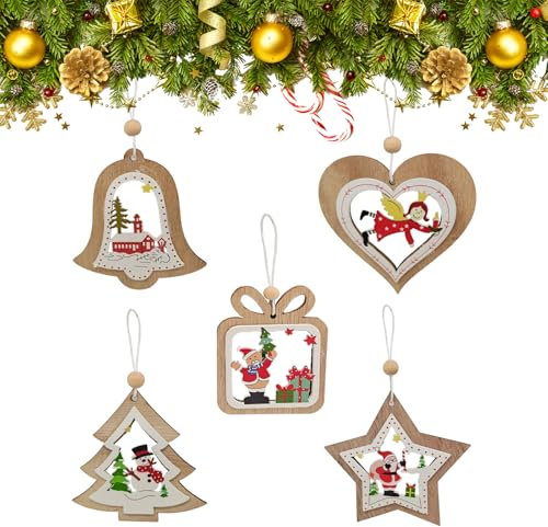 Larfraecy 5Pcs Decoración del Árbol de Navidad,Colgantes de Madera Hueca Tallada con Cuerda,Adornos de Madera para Colgar del árbol de Navidad para Fiestas,Decoración de Fiestas