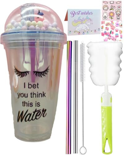 seelucky Vaso de viaje de unicornio con pajita, taza de café helado, té de burbujas, plástico, picnic, fiesta, beber, regalo de cumpleaños (apuesto unicornio rosa)