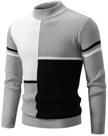 crazy bean Pull Homme Hiver Col Rond Chaud Patchwork Pull en Tricot Plaid de Travail Sweatshirt Manche Longue Homme Chic Kaki