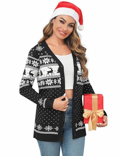 Crewhpo Women's Christmas Cardigan Long Sleeve Open Front Button Top Chunky Cable Knit Reindeer Printed Cardigans Lightweight Knitwear Sweater A-Black