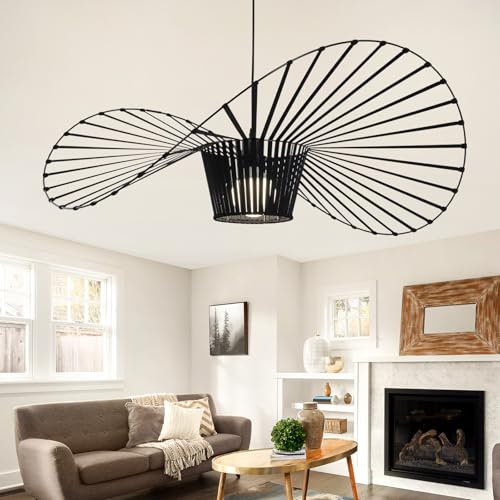 Homefire Hängelampe Wohnzimmer Pendelleuchte Schwarz - Hängeleuchte Esstisch E27 Kronleuchter Modern Pendellampe Höhenverstellbar Küchenlampe Hut Lampenschirm Für Küche Schlafzimmer Club 120cm