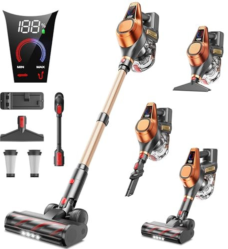 Aspirateur Balai sans Fil, 550W/45Kpa/60Mins Aspirateur sans Fil avec Affichage LED, Anti-enchevêtrement, Brosse pour Canapé, 1,5L, Aspirateur balais pour Tapis,Sols Durs, Poils d'animaux (Jaune)