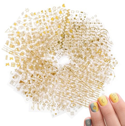 Jeffdad 30 Blatt Nagelsticker, Gold Nagelaufkleber Selbstklebend Nägel Aufkleber, Mond Blume Linie Schleife Herz Stern Dekoration Nageldesign Zubehör für Frauen Mädchen