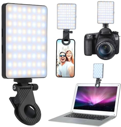 Rechargeable Selfie Light with 5 Modes, 2700-6500K, 360° Rotating Clip, Dimmable Fill Light, Compatible with Smartphones, Tablets, Laptops, Cameras, Ideal for Video, Zoom, Photography (Charging Cable