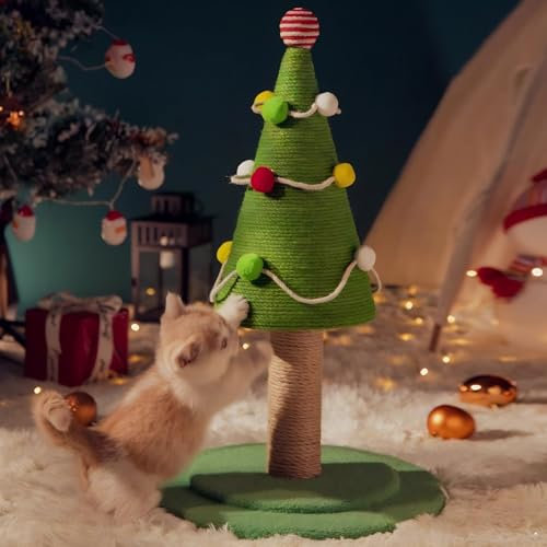 Christmas Tree Cat Scratching Post, Small Cat Activity Sisal Climbing Tree, Xmas Tree Style Kitty Scratching Post Cat Toy, Christmas Decoration Cat Posts (Large: 40 X 65cm / 15.7