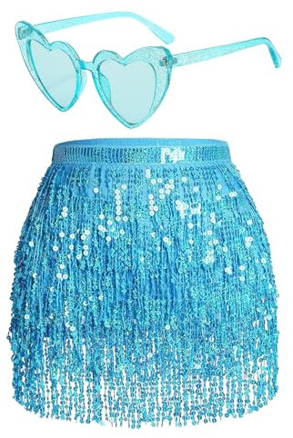 Damen Pailletten Rock Quaste Glitzerrock Hüft Pailettenrock Rave Röcke Gläser Set Fransenrock für Tanz Club Halloween Kostüm (DE/NL/SE/PL, Alphanumerisch, Einheitsgröße, Regular, Regular, Blau)