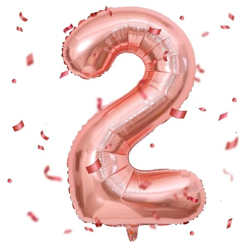 Rose Gold Balloon 2 - 40 Inch Foil Balloon, 101 cm Number Balloon for 2 Years Birthday Decoration - Helium Balloon for Children, Girls, Boys