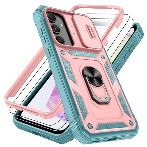 Pilaru 3 in 1 for Samsung A35 5G case | With Front Frame | [Separate] 2 Screen Protector & Kickstand Ring & Camera Cover Military Grade Drop Shockproof Protection for Galaxy A35 Phone,Rose/Green