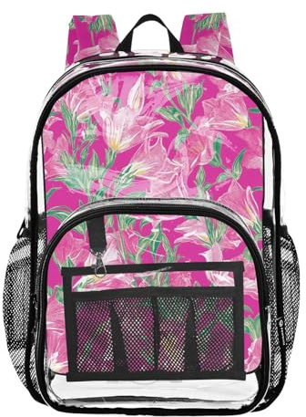 linqin Retro heta rosa klotsar klar barnryggsäck klar bokväskor med sidoficka genomskinlig slitstark väska, Heta rosa klockblommor, 1 size
