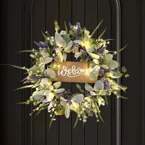 JOYWU Spring Wreath for Front Door,50cm Artificial Summer Wreaths with Welcome Sign and Led Lights,Lighted Welcome Door Wreath with Lavender,Eucalyptus and Rabbit Leaves,Outdoor Spring Summer Decor