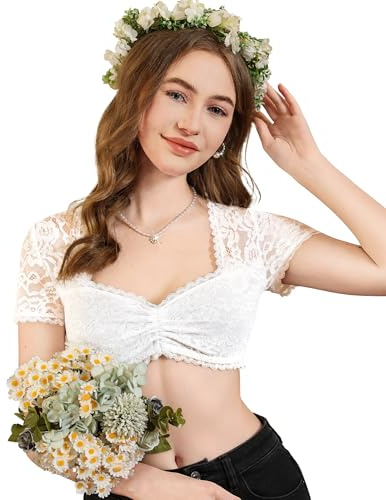 DIRNDLSTERN Bluse Damen Spitze - Dirndlbluse Weiß Herzausschnitt Trachtenbluse Kurzarm für Oktoberfest