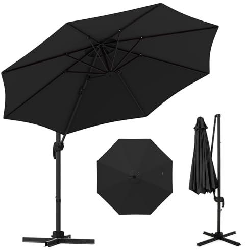 TANGZON 3m Cantilever Parasol, Banana Parasol with Cross Base, 5 Tilt Positions, 360 Degree Rotation, Crank Handle & 8 Ribs, Offset Garden Umbrella Sun Shade for Patio Garden Poolside, Black