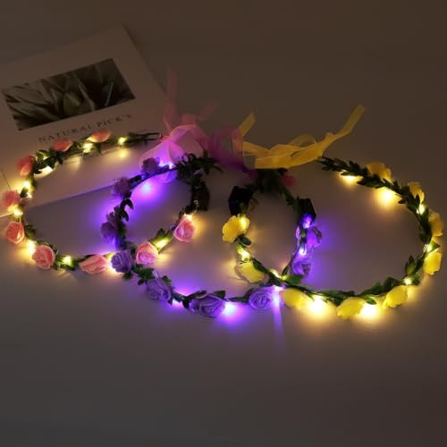 HENGBIRD Set 3 Couronnes de Fleurs LED – Couronne fleur cheveux avec 3 modes lumineux, serre-tête lumineux adulte réglable – pour festival, EVJF, mariage, cosplay, fête, cadeau femme et enfant