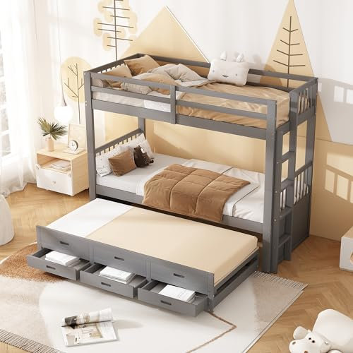 Rvjiahe Litera de 90 x 200 cm, cama infantil, cama para niñas y niños, estructura de cama de pino y MDF con escalera con cama nido y 3 cajones (gris, 90 x 200 cm)
