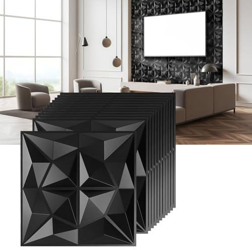 Jopassy 3D Wandpaneele Diamant 24 Stück 50 x 50 cm (6m²), 3D Wall Panels PVC Wanddeko Platten, Nicht Verformbar, Wasserfest, Hitzebeständig, Matt Schwarz