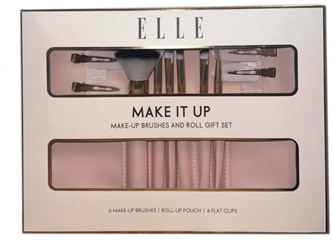 Make-Up Application Set, 6 Professional Rose Gold Brushes, Brush Roll Pouch, 4 Pink Flat Clips, Beauty Gift Set