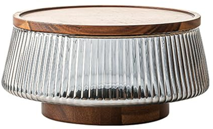 Ailan Transparent Glass Salad Bowl On Wooden Base Showcase Fresh Ingredients Acacia Wooden Glass Fruit Tray Salad Bowl High-Foot Fruit Tray Base and Cover, Type+4