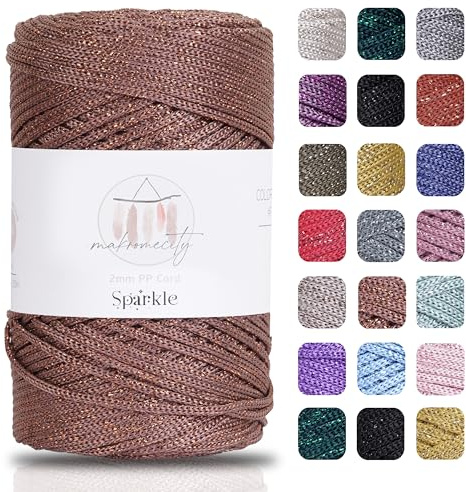 Makromecity Filato per macramè glitterato, 2 mm x 230 m, in poliestere di alta qualità, per artigianato, decorazioni per la casa, piatti, borse, runner (rame glitterato, 1 filo)