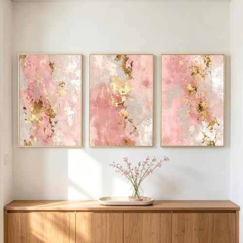 JANAGIN Moderne Bilder Wohnzimmer Poster Set Hochformat, Rosa Leinwand Bilder 3er Set, Wandbilder für Schlafzimmer Ohne Rahmen (50x70 cm)