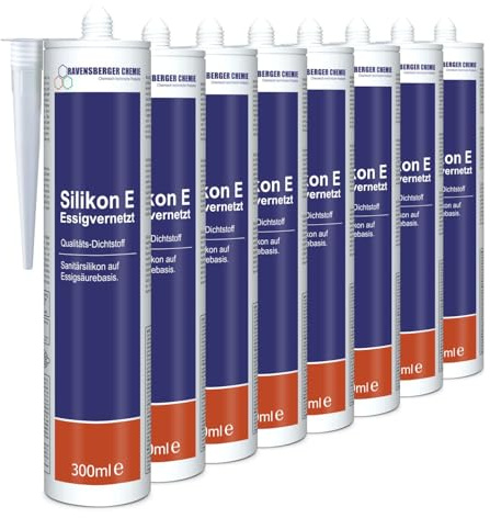 Ravensberger Chemie Silikon E essigvernetzt – Sanitär Dichtstoff für Bad, Küche & Bau – acetoxy, elastisch – ideal für Fugen an Waschbecken, Dusche, Wanne, Fliesen & Glas – Kartusche (8 x 300 ml)