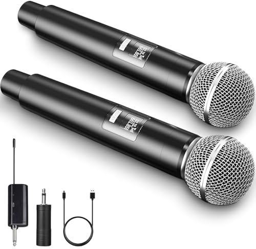 DURNYDT Microphone Wireless UHF Dual Channel Wireless Microphone System with Rechargeable Receiver Professional Handheld Microphones for Singing Dynamic Cardioid Mic for Church, Party, Stage, Speech