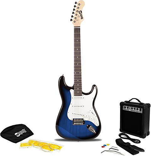 RockJam Full Size Electric Guitar Kit with 10-Watt Guitar Amp, Lessons, Strap, Gig Bag, Picks, Whammy, Lead and Spare Strings - BlueBurst