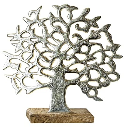 GILDE Deko Figur Baum - Lebensbaum - Aluminium - Silber - auf Holzfuß - Höhe 46 - Breite 49 cm