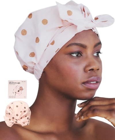 Kitsch Luxury Shower Cap for Women - Reusable Shower Cap for Long Hair with Non Slip Silicon Grip | Waterproof Hair Cap for Shower with One Size Fits Most | Stylish Hair Cover for Shower (Blush Dot)