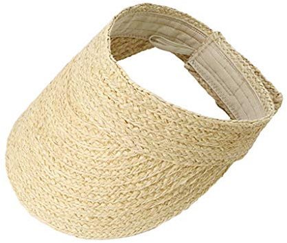 GHBOTTOM - Sombrero de rafia para mujer hecho a mano con paja y visera de sol vacía de ala ancha con protección UV, ajustable, plegable, color beige