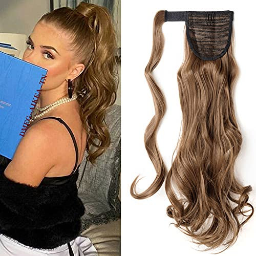 Pferdeschwanz Extensions Ponytail Clip in Extensions wie Echthaar Zopf Kunsthaare Haarverlängerung Haarteil 43cm Gewellt Hellbraun
