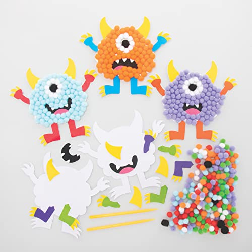 Baker Ross FE656 Monster Pom Pom Bastelset - 5er Pack, Selbstklebende Karte mit farbigen PomPoms zum Basteln für Kinder, Halloween Bastelaktivitäten
