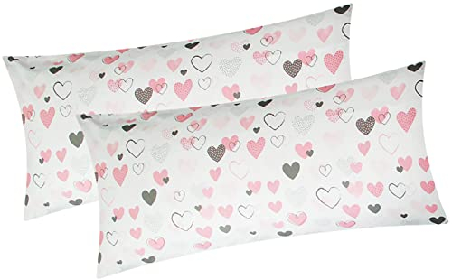 Baumwoll Renforcé Kissenbezug - 2er Set in 40x80cm - Love, Liebe, Herzen - Kopfkissen-Bezug, Kissenhülle, Dekokissenbezug aus 100% Baumwolle (KY-187/1-40x80)