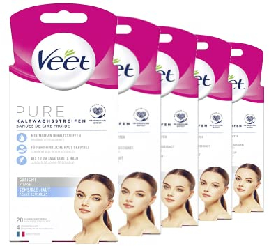 Veet PURE Kaltwachsstreifen – Geeignet für sensible Haut – Anwendung für Gesicht – Bis zu 28 Tage glatte Haut – 10 x Doppelstreifen à 20 Anwendungen - 5er Pack