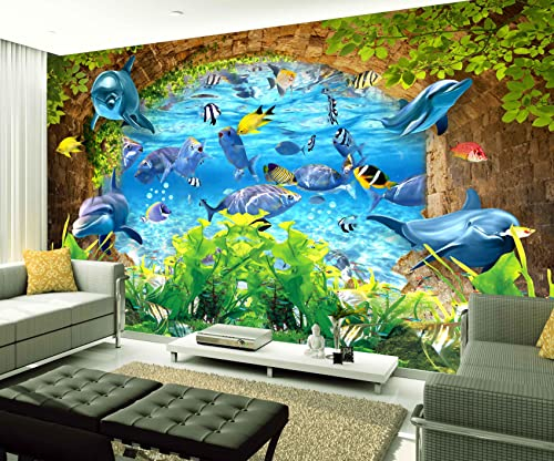 XAONUO Strand Wandbild Fototapete 3D Effekt 300X200Cm Strand Fisch Delfine Fototapeten Vlies Tapeten Wandtapete Vliestapete Wandbild Wand Schlafzimmer Wohnzimmer Büro Küche