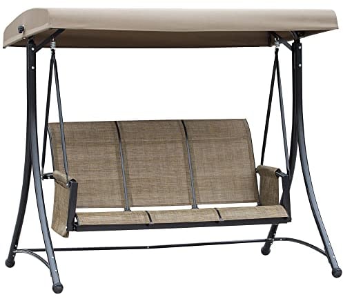 Outsunny 3 Seater Garden Swing Seat Outdoor Swing Chair with High Back Design, Steel Frame, Side Pouches, Adjustable Canopy, Brown